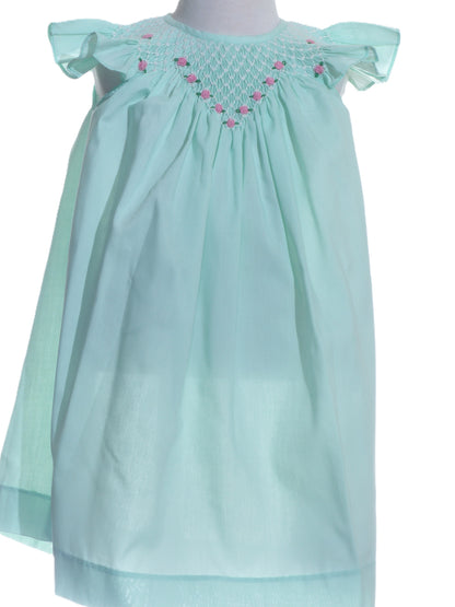 Turquoise Geo Smocked With Roses Angel Wing Sleeve Dress