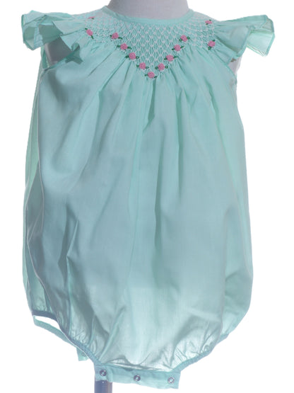 Turquoise Geo Smocked With Roses Angel Wing Sleeve Bubble