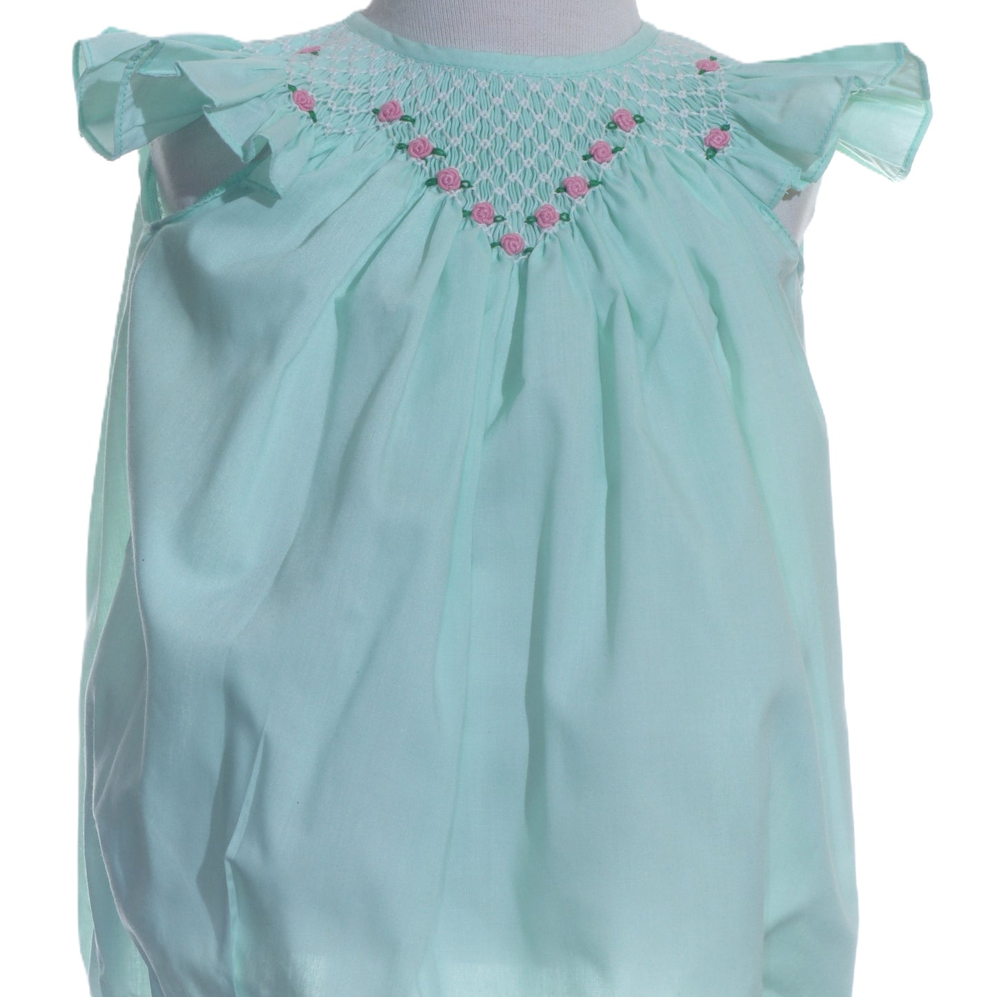Turquoise Geo Smocked With Roses Angel Wing Sleeve Bubble