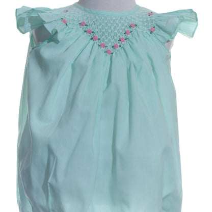 Turquoise Geo Smocked With Roses Angel Wing Sleeve Bubble