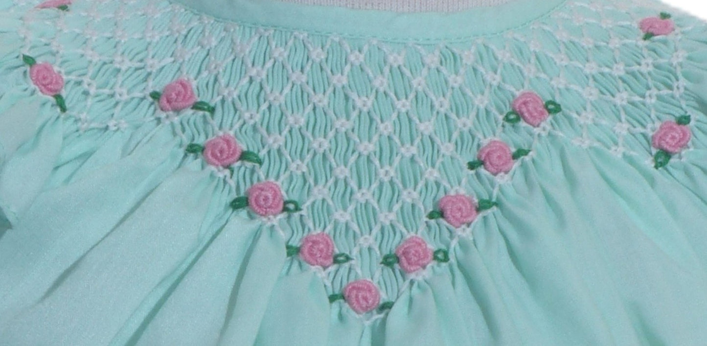 Turquise Geo Smocked With Roses Short Sleeve Bishop Dress