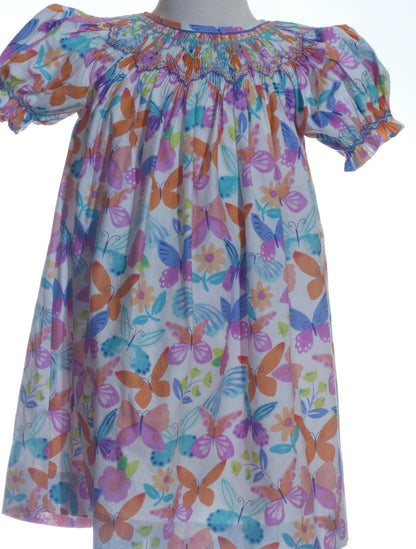 Multicolor Butterflies Print Short Sleeve Dress Featuring Colorful Geometric Smocked Detailing