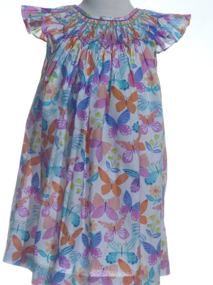 Multicolor Butterflies Print Angel Wing Sleeve Dress Featuring Colorful Geometric Smocked Detailing (Copy)