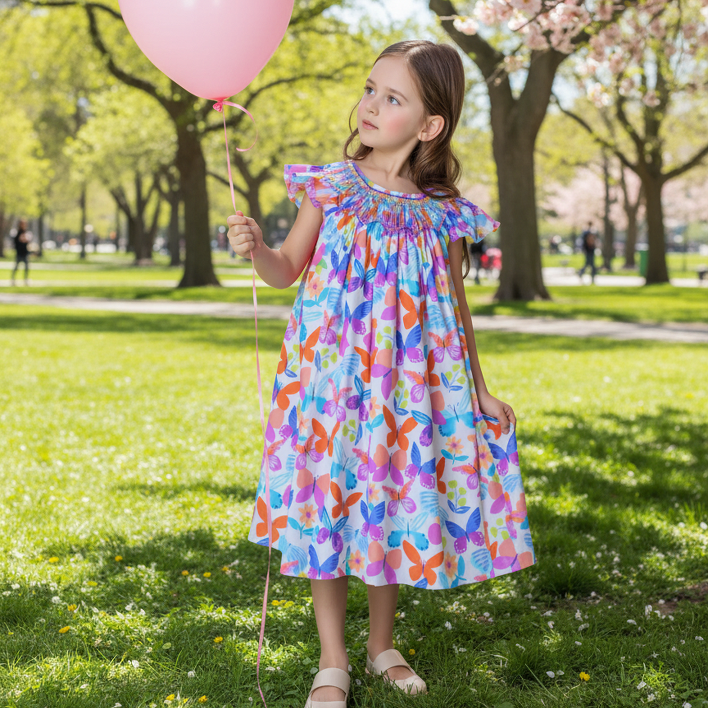 Multicolor Butterflies Print Angel Wing Sleeve Dress Featuring Colorful Geometric Smocked Detailing (Copy)