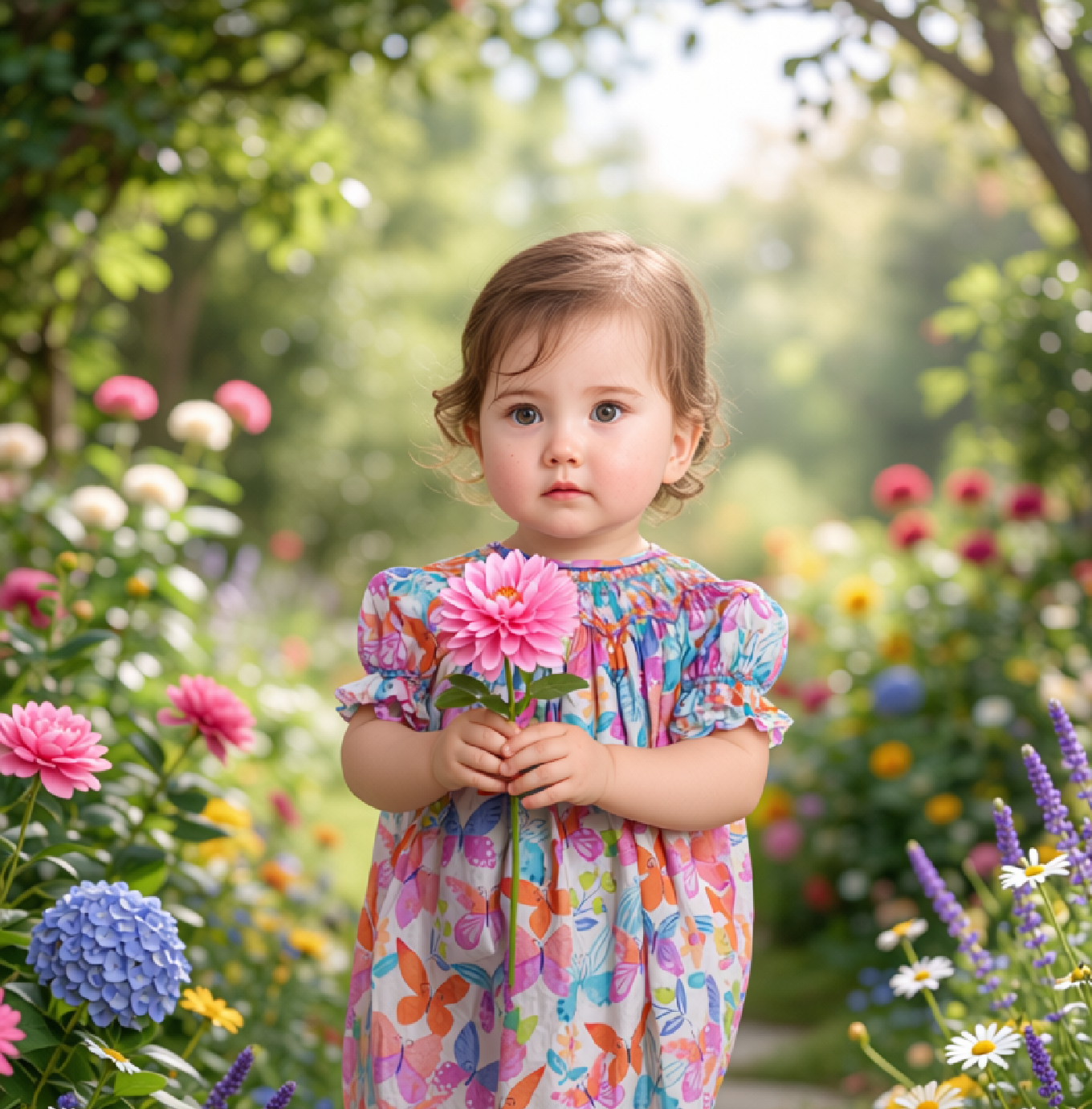 Multicolor Butterflies Print Bubble Featuring Colorful Geometric Smocked Detailing
