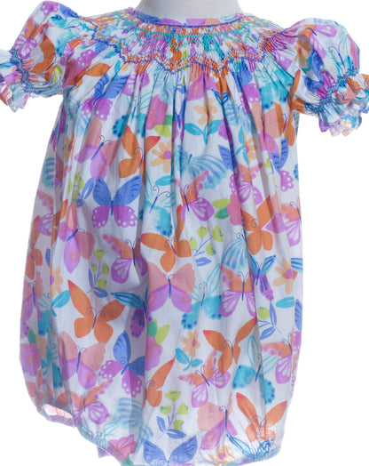 Multicolor Butterflies Print Bubble Featuring Colorful Geometric Smocked Detailing