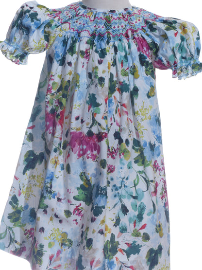 Multicolor Floral Print Short Sleeve Dress Featuring Colorful Geometric Smocked Detailing