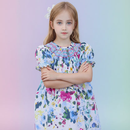 Multicolor Floral Print Short Sleeve Dress Featuring Colorful Geometric Smocked Detailing