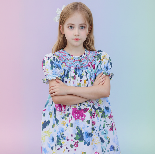 Multicolor Floral Print Short Sleeve Dress Featuring Colorful Geometric Smocked Detailing