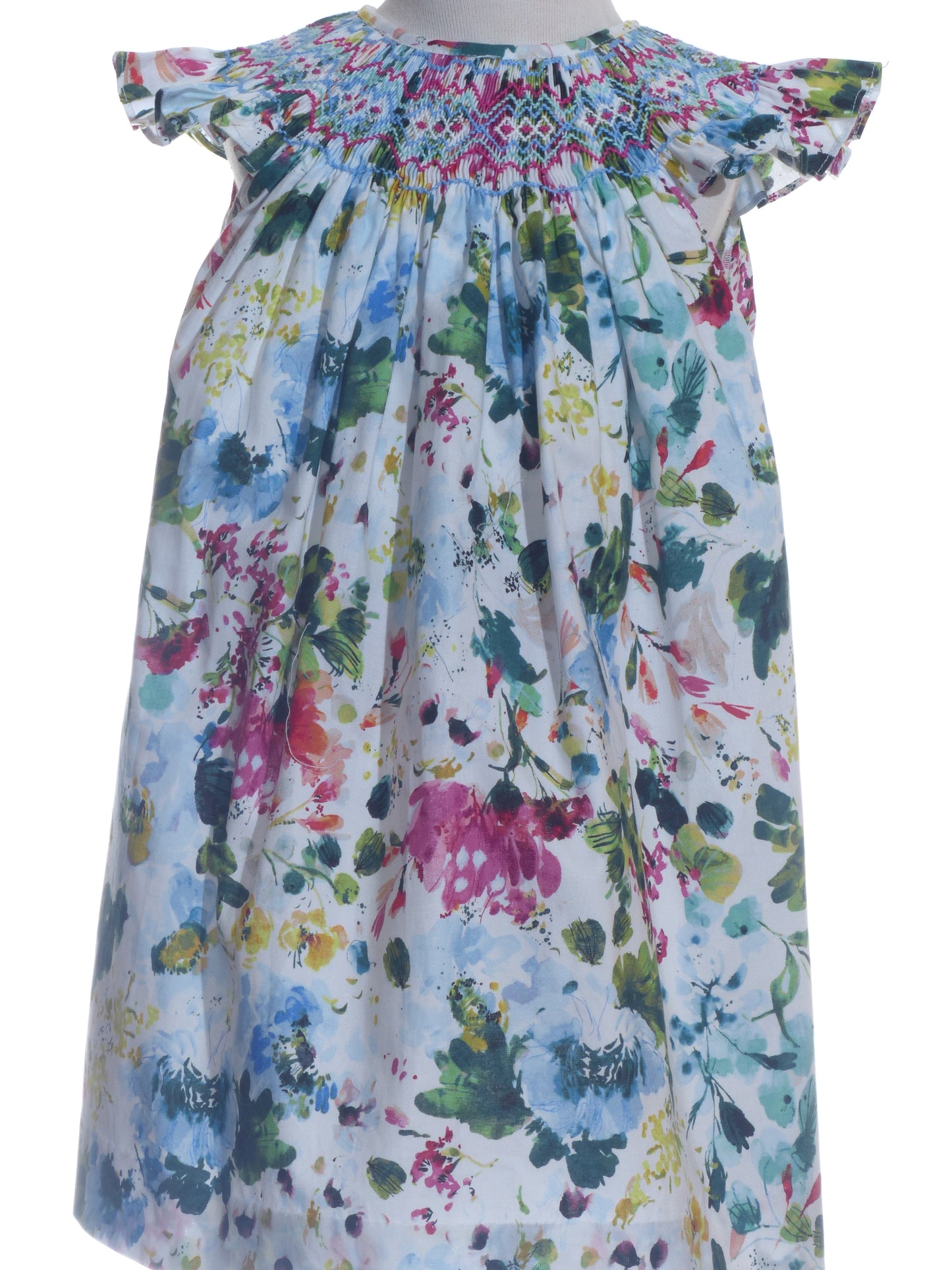 Multicolor Floral Print Angel Wing Sleeve Dress Featuring Colorful Geometric Smocked Detailing