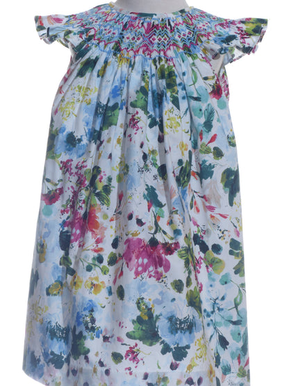 Multicolor Floral Print Angel Wing Sleeve Dress Featuring Colorful Geometric Smocked Detailing