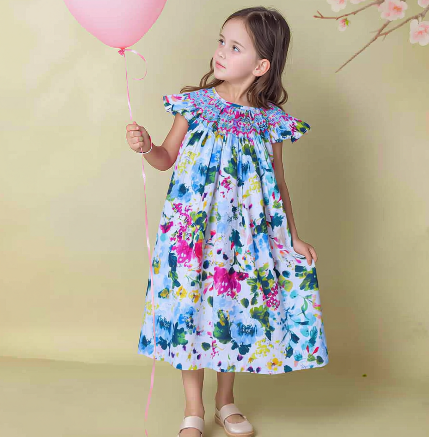 Multicolor Floral Print Angel Wing Sleeve Dress Featuring Colorful Geometric Smocked Detailing