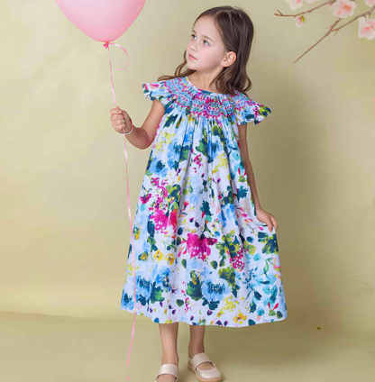 Multicolor Floral Print Angel Wing Sleeve Dress Featuring Colorful Geometric Smocked Detailing