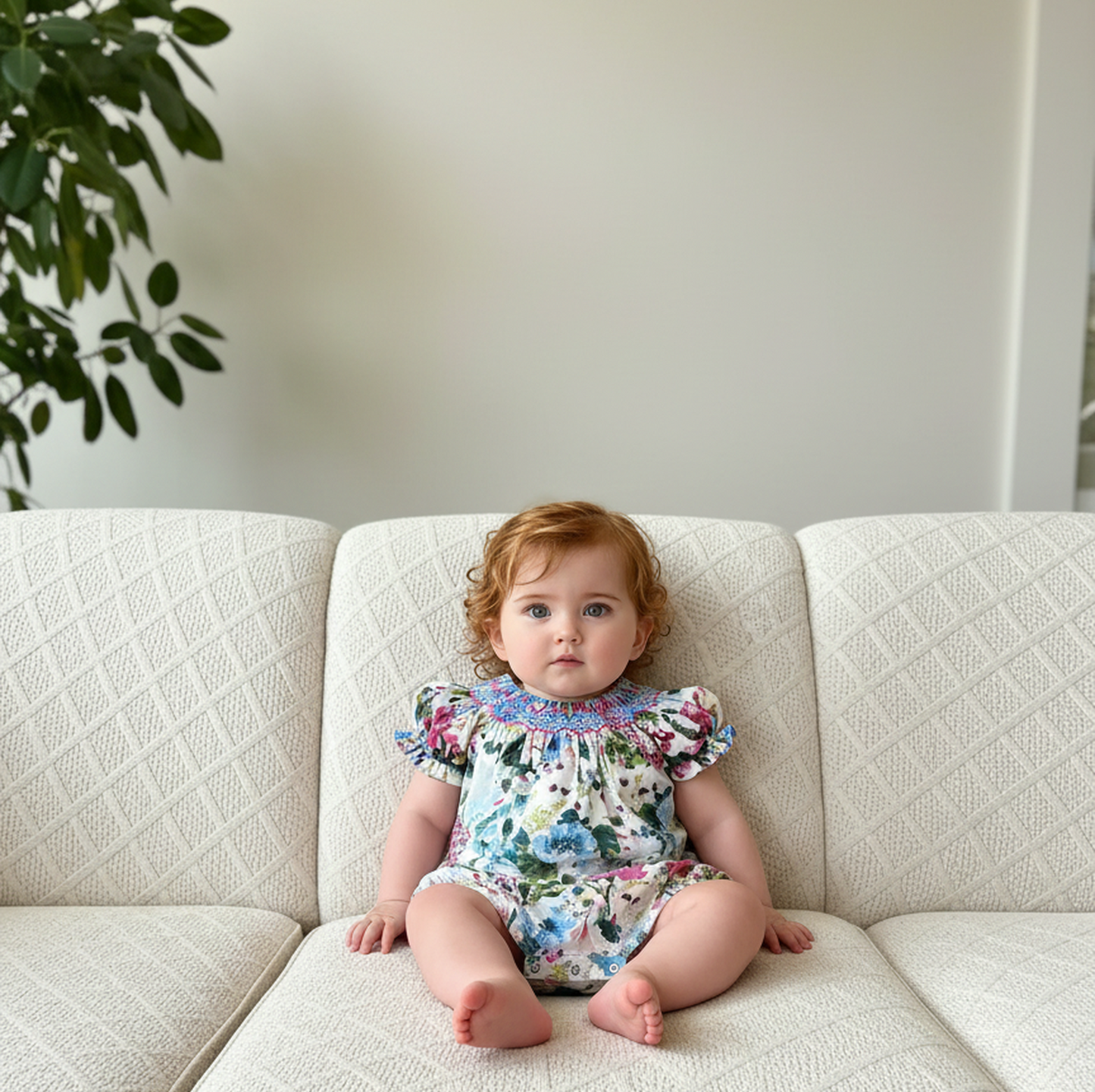 Multicolor Floral Print Short Sleeve Bubble Featuring Colorful Geometric Smocked Detailing