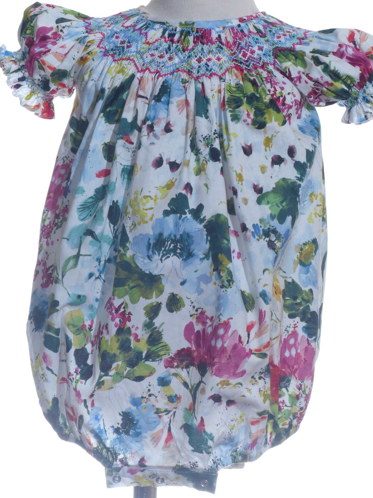 Multicolor Floral Print Short Sleeve Bubble Featuring Colorful Geometric Smocked Detailing