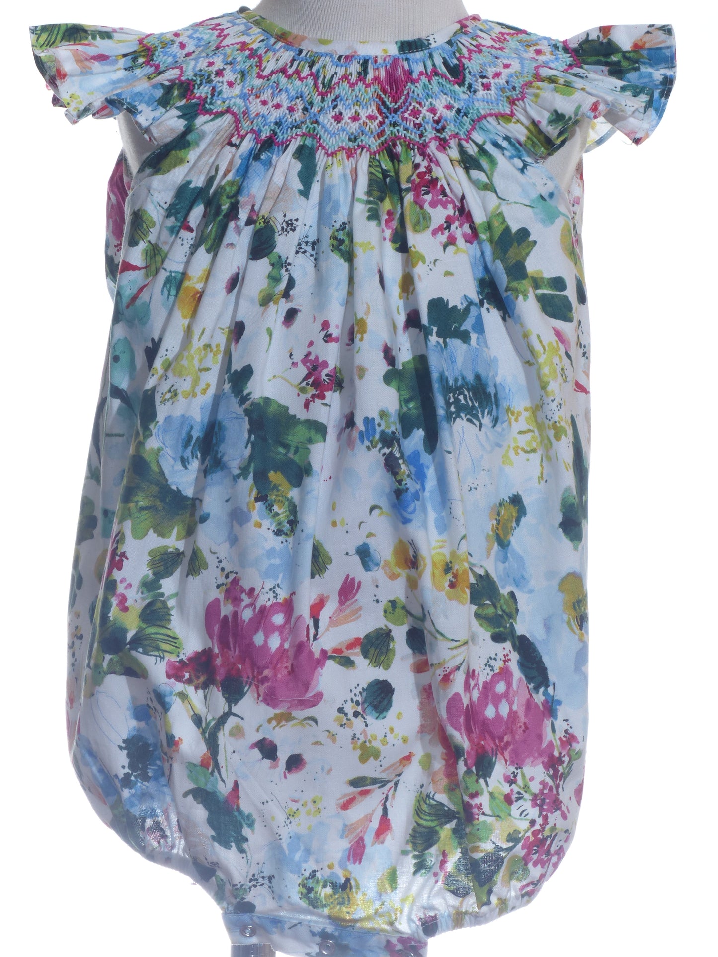 Multicolor Floral Print Angel Wing Sleeve Bubble Featuring Colorful Geometric Smocked Detailing (Copy)