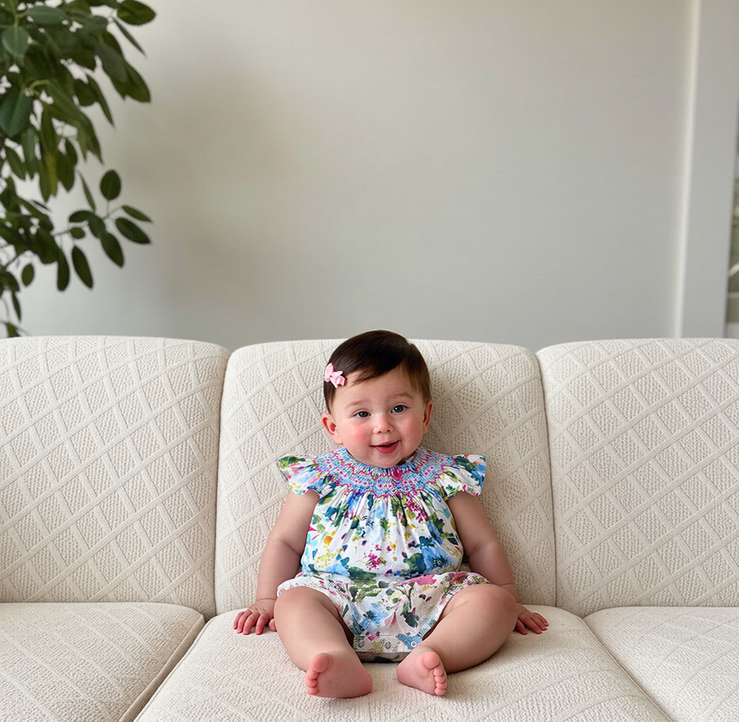 Multicolor Floral Print Angel Wing Sleeve Bubble Featuring Colorful Geometric Smocked Detailing (Copy)
