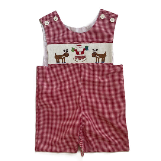 Red Gingham Boy Shortall With "JOY" Hand-Smocked