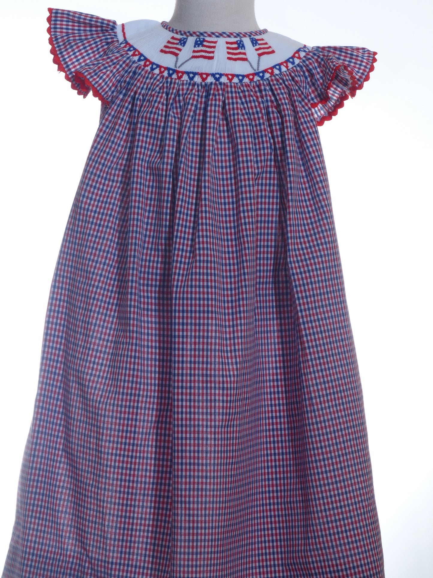 Red, White, BLue Gingham American Flags Smocked with Angle Wing Sleeve
