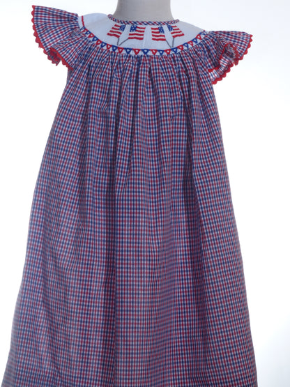 Red, White, BLue Gingham American Flags Smocked with Angle Wing Sleeve