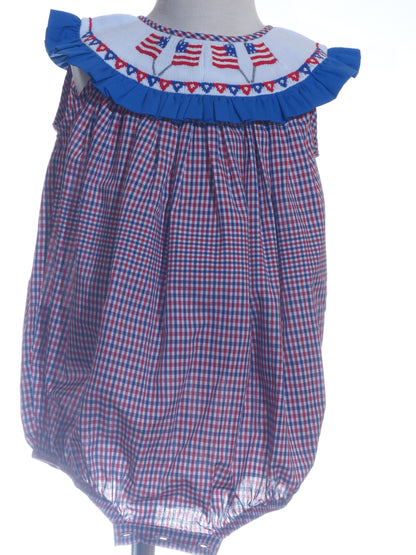 Red, White, BLue Gingham American Flags Smocked Bubble