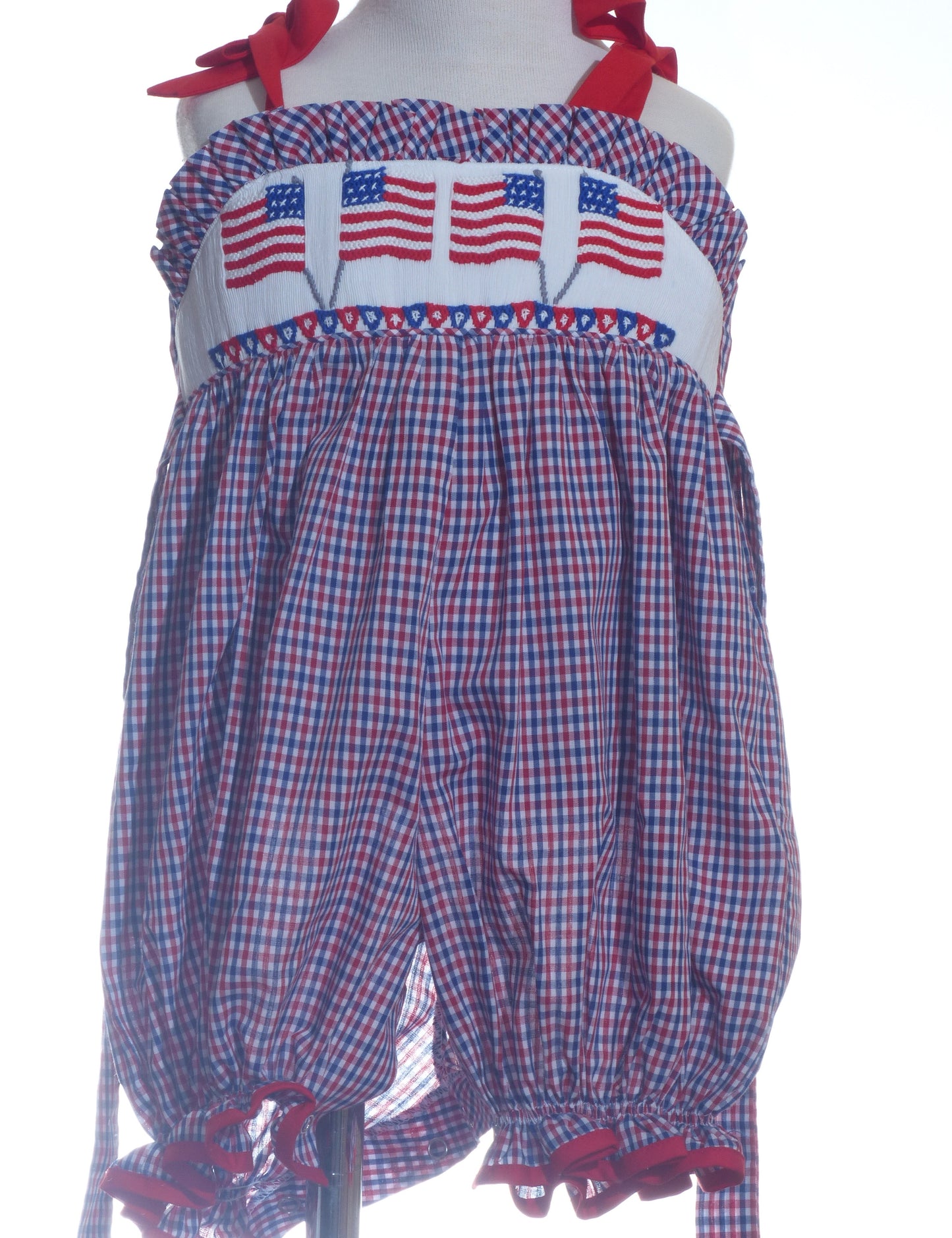 Red, White, BLue Gingham American Flags Smocked Romper