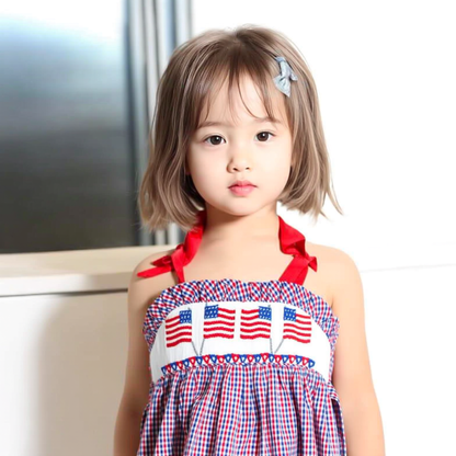 Red, White, BLue Gingham American Flags Smocked Romper