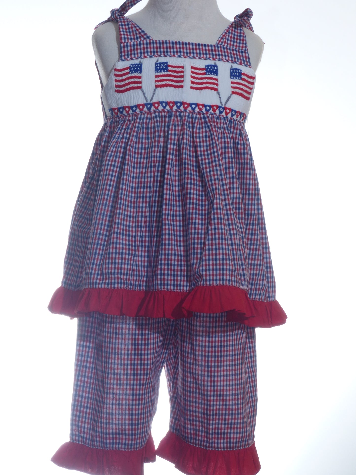 Red, White, BLue Gingham American Flags Smocked Short Set With Shoulder Ties