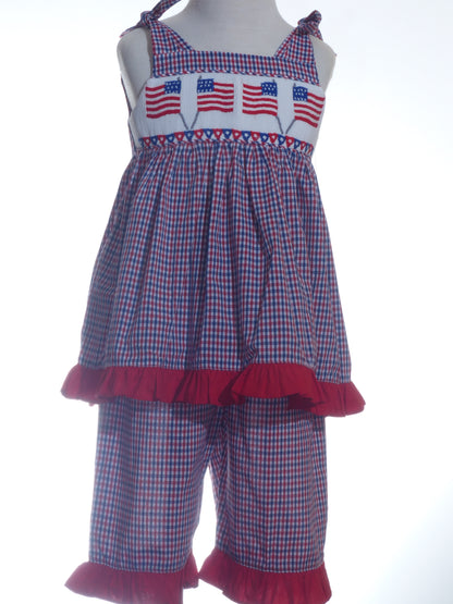 Red, White, BLue Gingham American Flags Smocked Short Set With Shoulder Ties