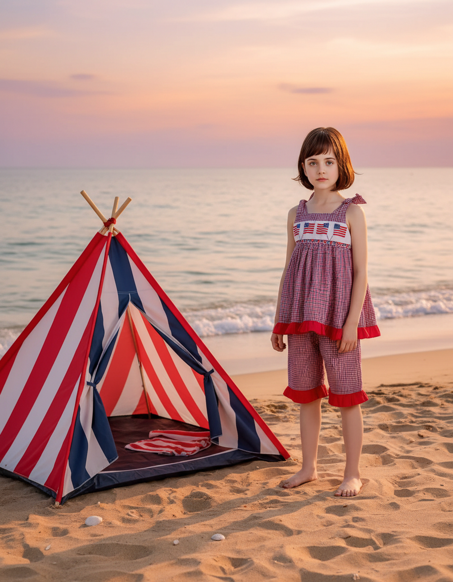 Red, White, BLue Gingham American Flags Smocked Short Set With Shoulder Ties