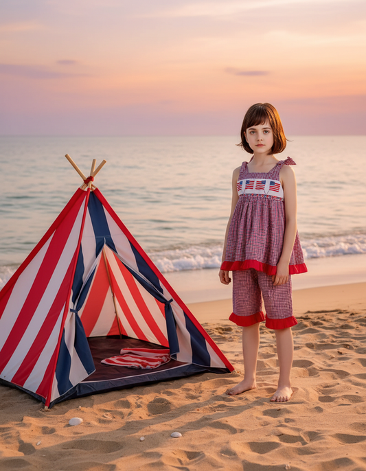 Red, White, BLue Gingham American Flags Smocked Short Set With Shoulder Ties