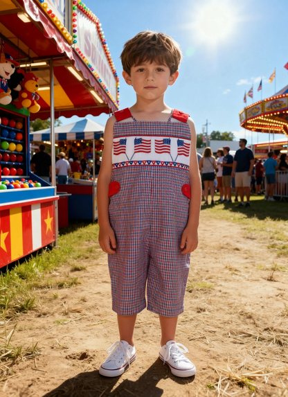 Red, White and Blue Gingham Boy Jon Jon featuring American Flag Smocked
