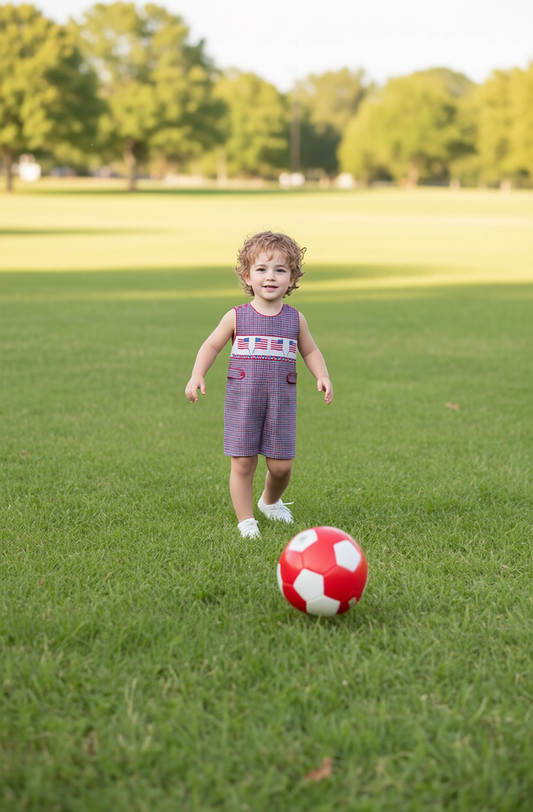 Red, White and Blue Gingham Boy Jon Jon featuring American Flag Smocked