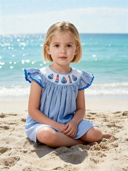 Blue Striped SAILBOATS SMOCKED Angel Wing Sleeve Bishop Dress