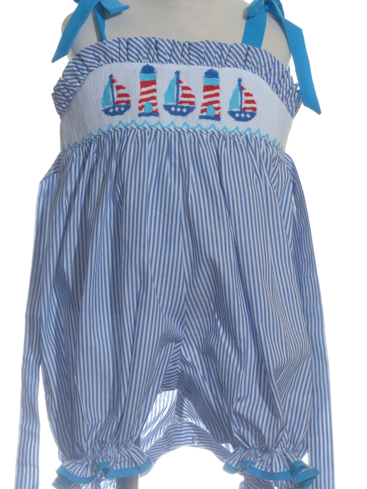 BLue Striped Girl Romper Featuring American Flags Smocked