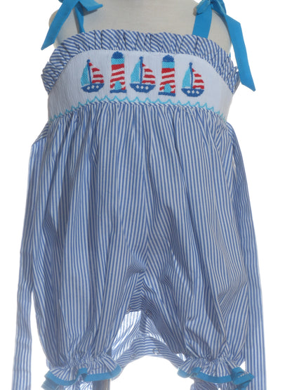 BLue Striped Girl Romper Featuring American Flags Smocked