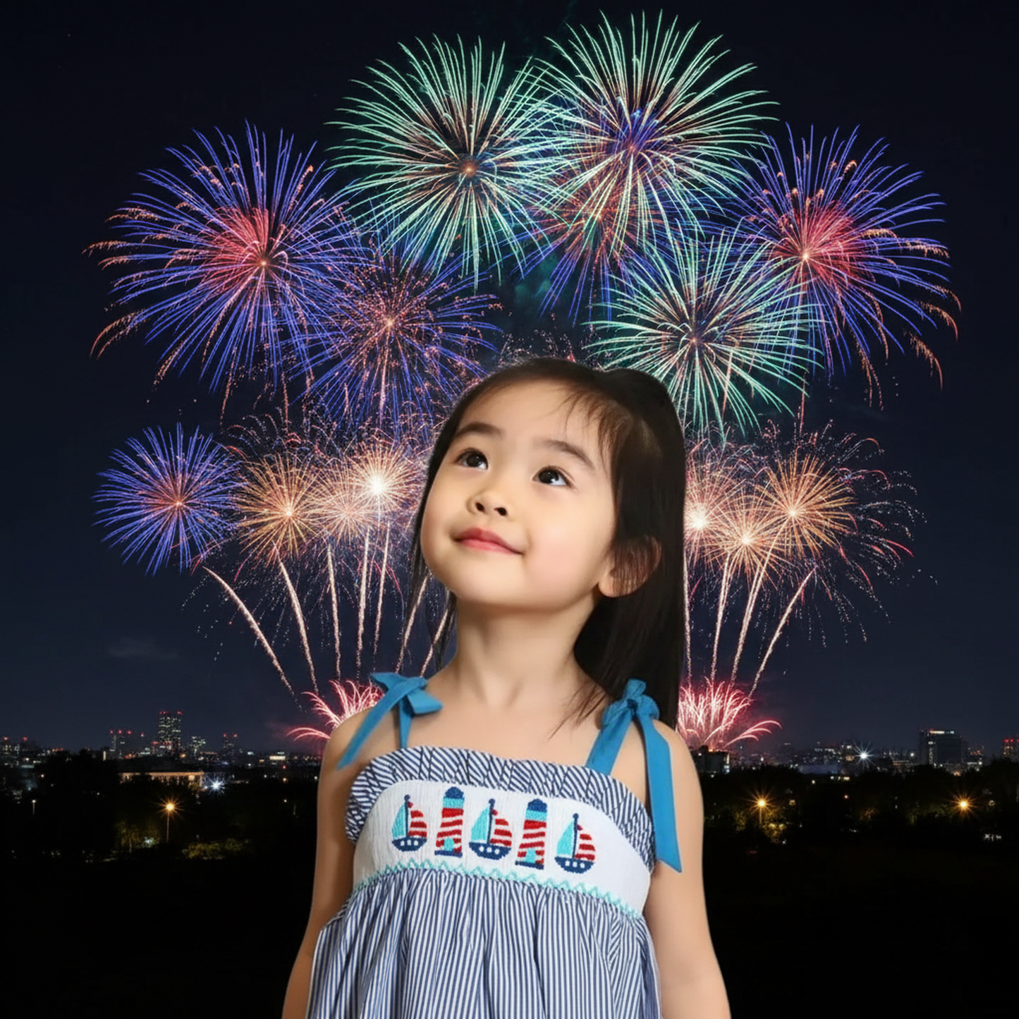 BLue Striped Girl Romper Featuring American Flags Smocked