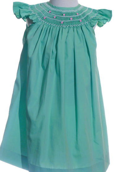 Green Geo Smocked With Roses Angel Wing Sleeve Dress