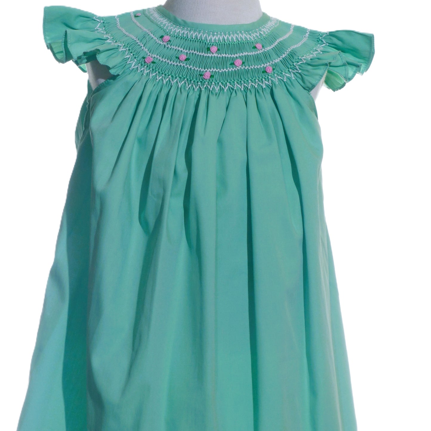 Green Geo Smocked With Roses Angel Wing Sleeve Dress