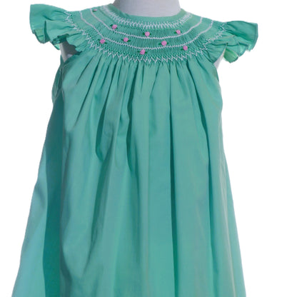 Green Geo Smocked With Roses Angel Wing Sleeve Dress