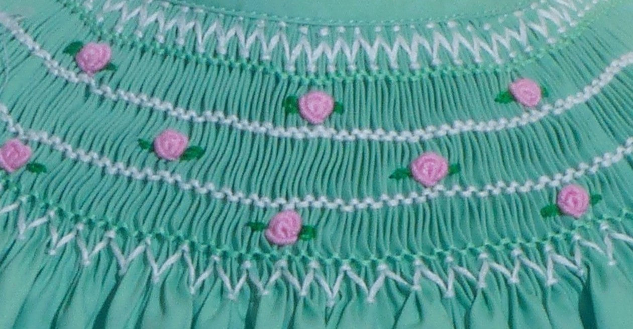 Green Geo Smocked With Roses Angel Wing Sleeve Dress