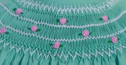 Green Geo Smocked With Roses Angel Wing Sleeve Dress
