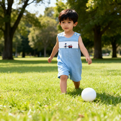 Blue Gingham Boy Jon Jon featuring BOY PULLING A WAGON Smocked