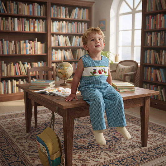 Blue Gingham John John Featuring CATERPILLAR & APPLE Hand-Smocked