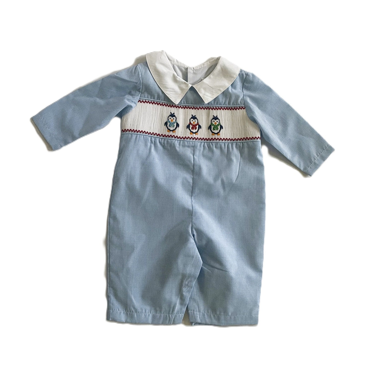 Light Blue Gingham Long Sleeve Romper With White Peter Pan Collar Featuring Three PENGUINS Hand-Smocked