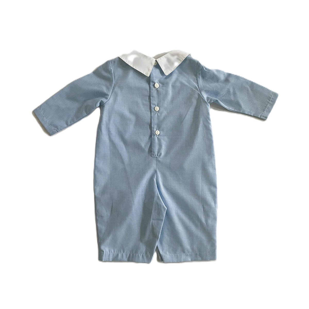 Light Blue Gingham Long Sleeve Romper With White Peter Pan Collar Featuring Three PENGUINS Hand-Smocked