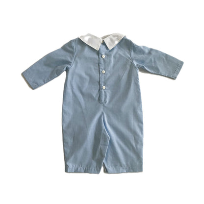 Light Blue Gingham Long Sleeve Romper With White Peter Pan Collar Featuring Three PENGUINS Hand-Smocked