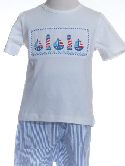 Blue Striped Boy Short Set featuring SAILBOATS & LIGHTHOUSES Smocked