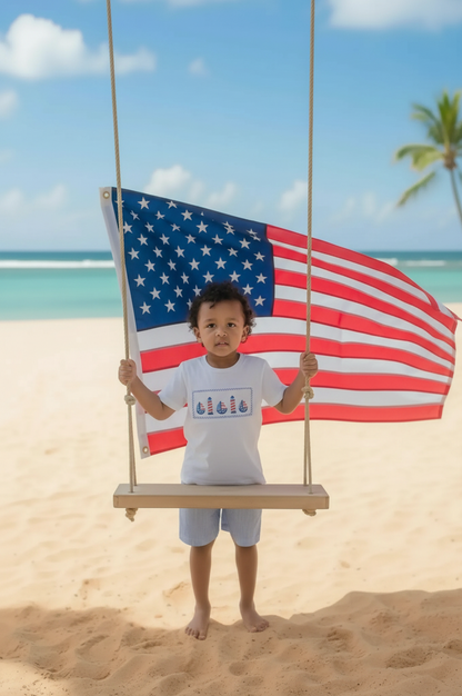 Blue Striped Boy Short Set featuring SAILBOATS & LIGHTHOUSES Smocked