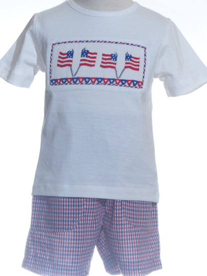 White T-shirt with Red, White, and Blue Gingham Short Featuring American Flag Smocked